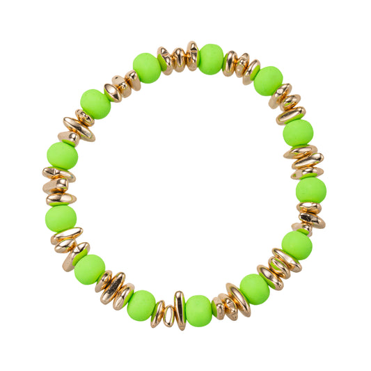 Lime, Gold Rubber Ball Beaded Stretch Bracelet with Gold Spacers