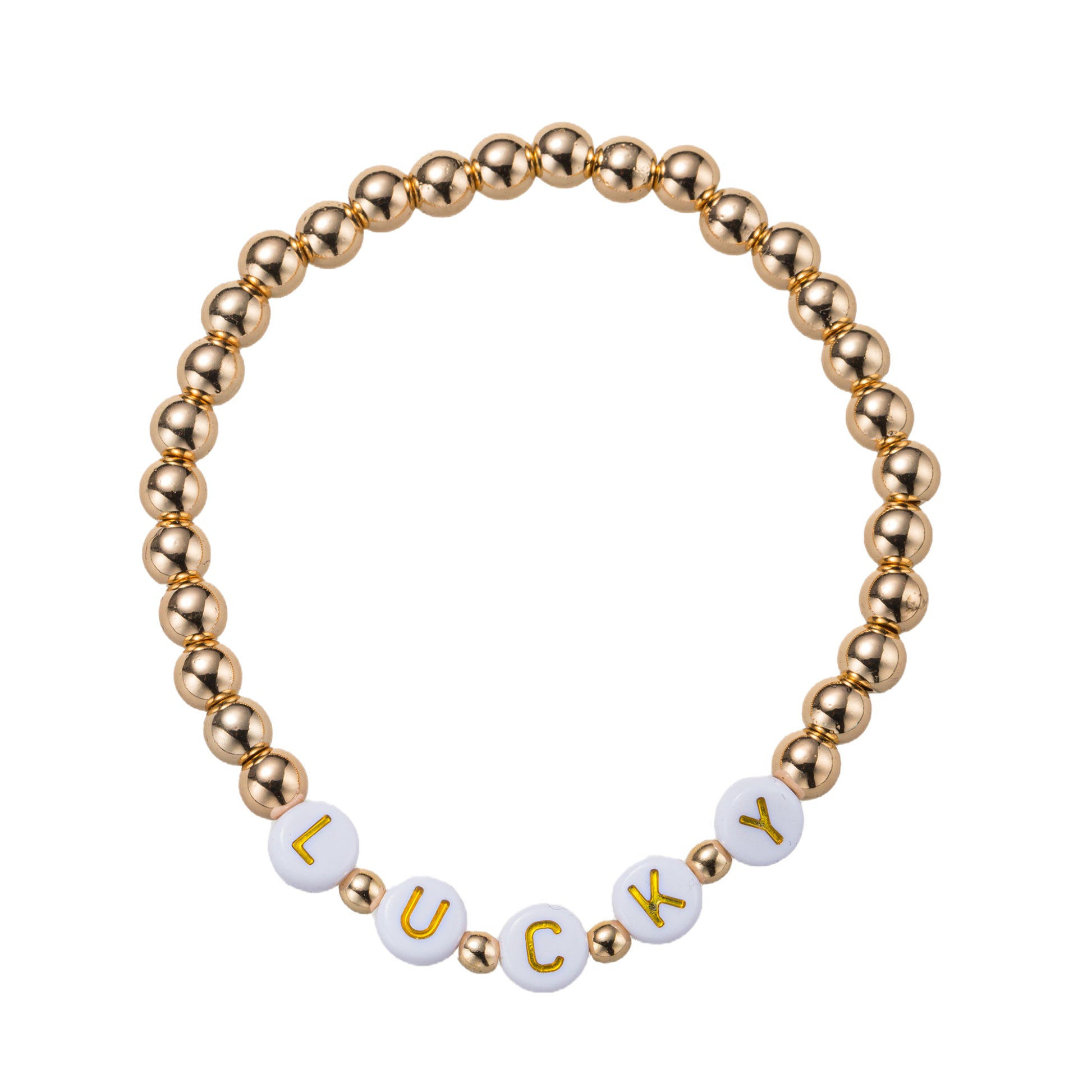 Gold Beaded Stretch Bracelet with "Luck"