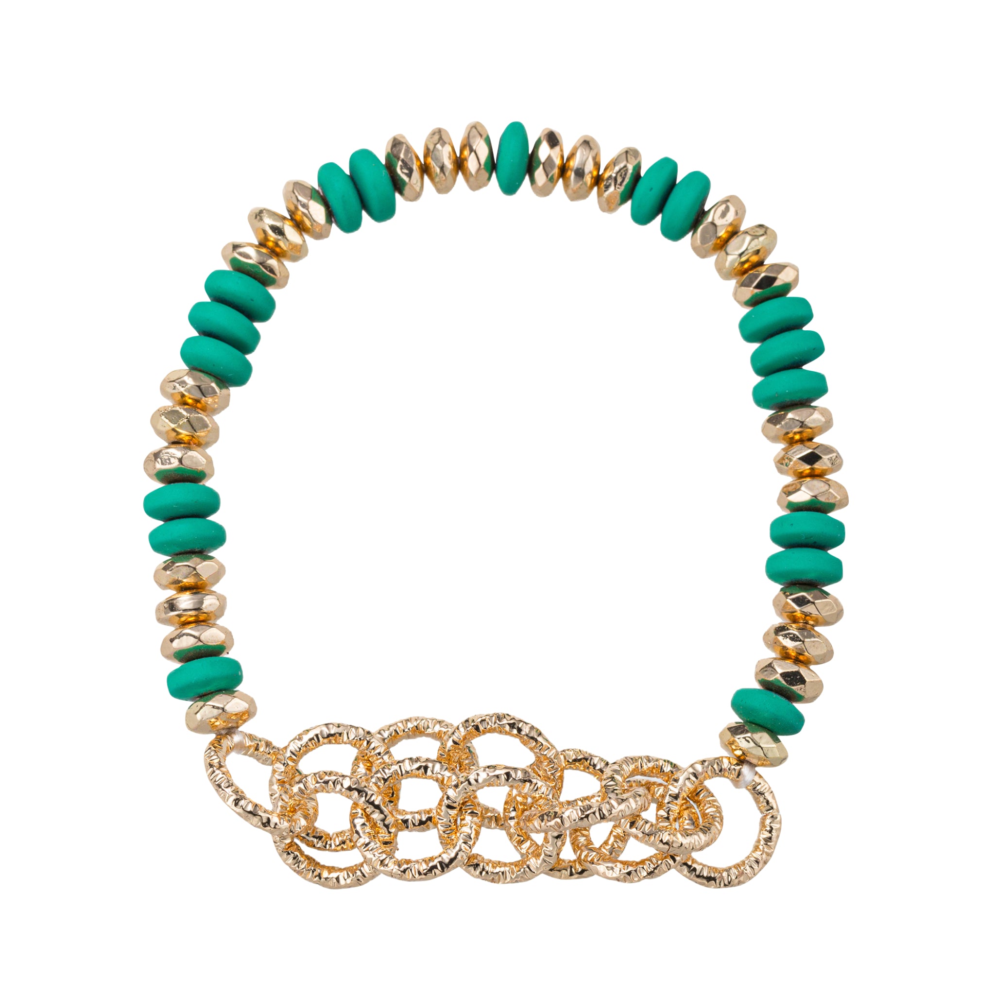 Green, Gold Rondelle Beaded Stretch Bracelet with Gold Circle Chain