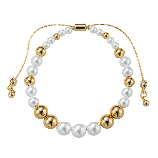 18K Gold Plated Pearl, Gold Increasing Size Pattern Medium Beaded Bracelet
