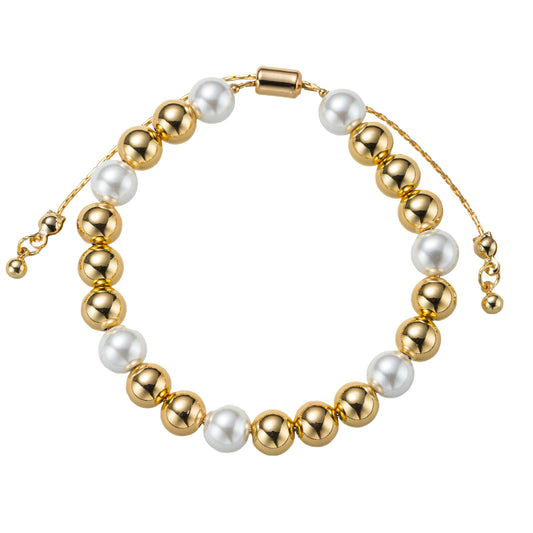 18K Gold Plated Pearl, Gold 1, 3, 1, 2 Pattern Large Beaded Bracelet