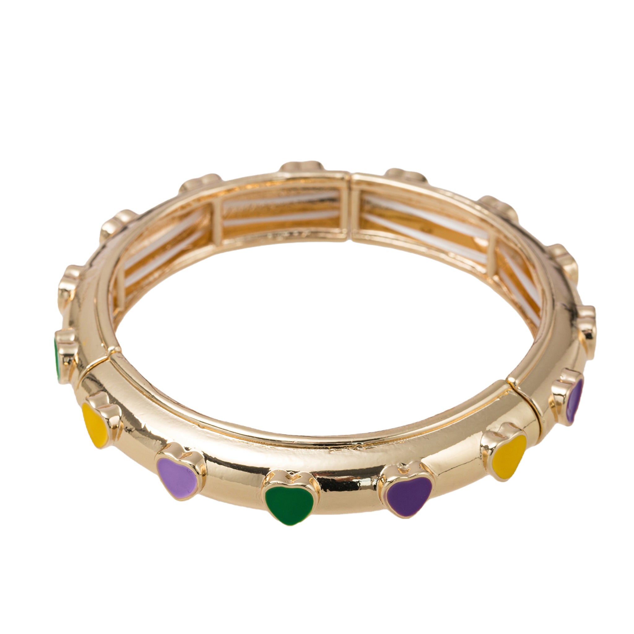 Gold Bangle Stretch Bracelet with Purple, Yellow, Green Enamel Hearts