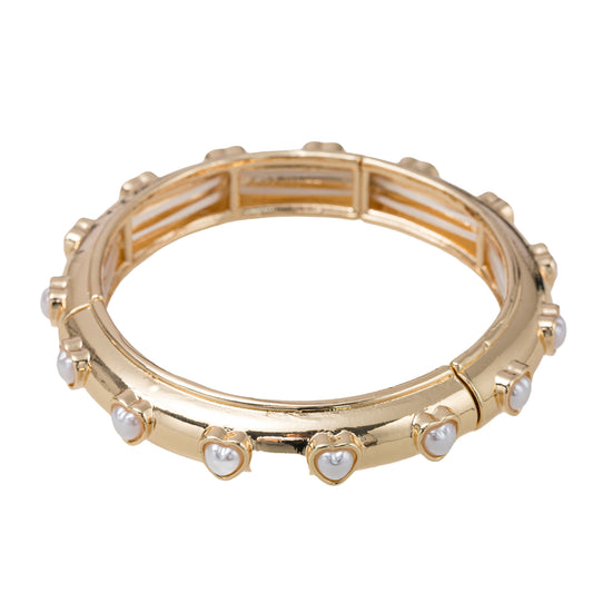 Gold Bangle Bracelet with Pearl Hearts