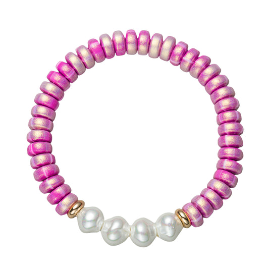 Kids Hot Pink Beaded Stretch Bracelet with 4 Pearls