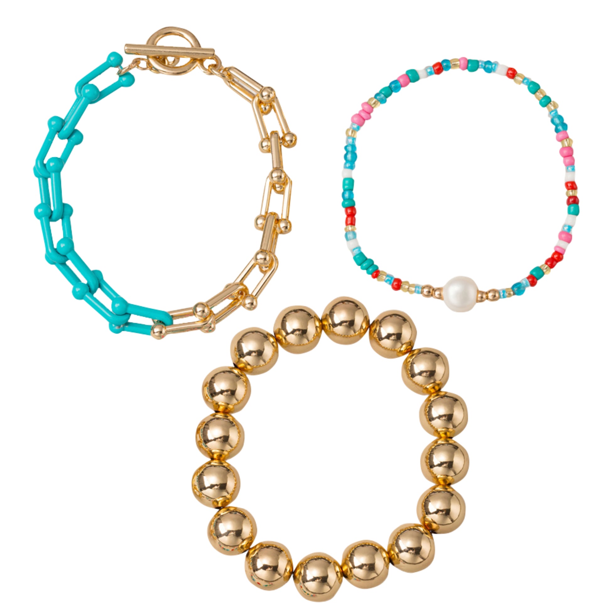 Set of 3, Beaded Gold Ball, Blue, Red, Pink with Pearl, Gold & Blue Link Toggle Bracelet