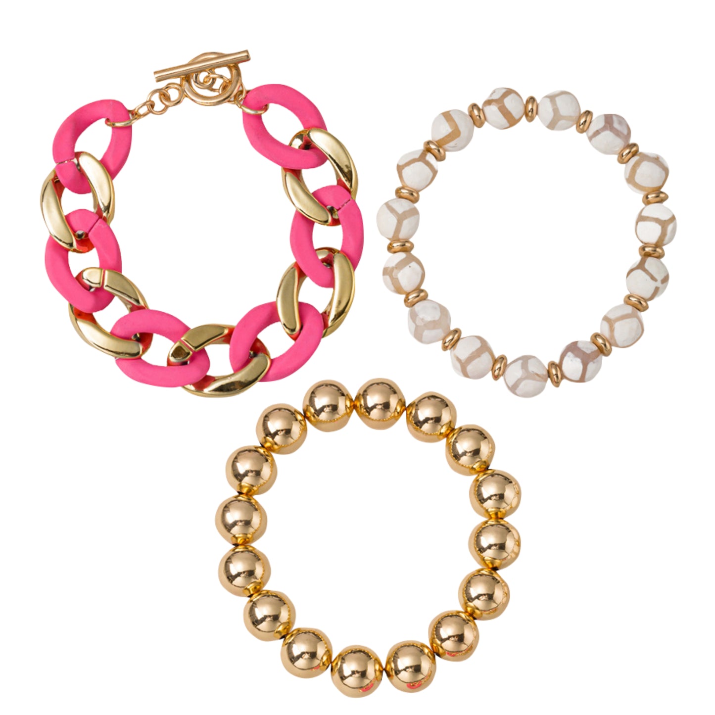 Set of 3, Stretch Gold Ball, White Agate, Pink & Gold Link Toggle Beaded, Link Bracelet