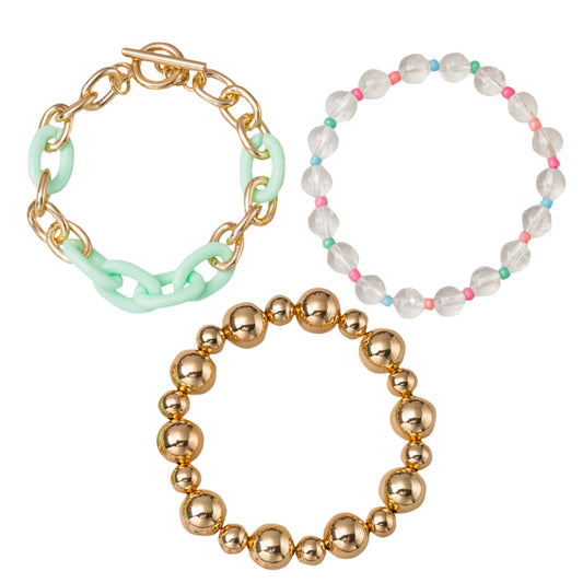 Set of 3, Beaded Gold Ball, Clear & Multi Seed Beads, Mint & Gold Link with Toggle Bracelet