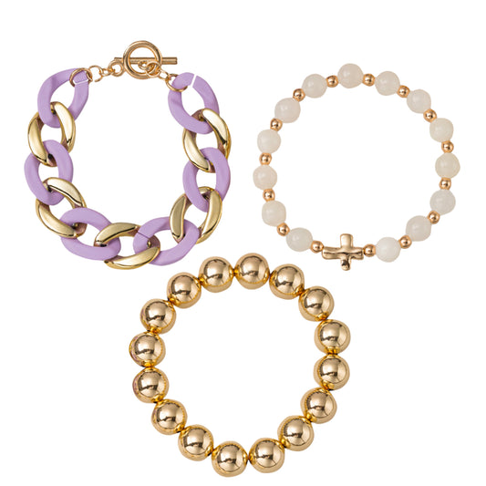 Set of 3, Beaded Gold Ball, White Gemstone with Cross, Purple & Gold Link Toggle Bracelet