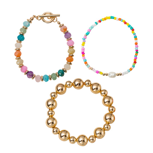 Set of 3, Multi Faceted Gemstone, Multi Seed Bead with Pearl Beaded Stretch, Toggle Bracelet