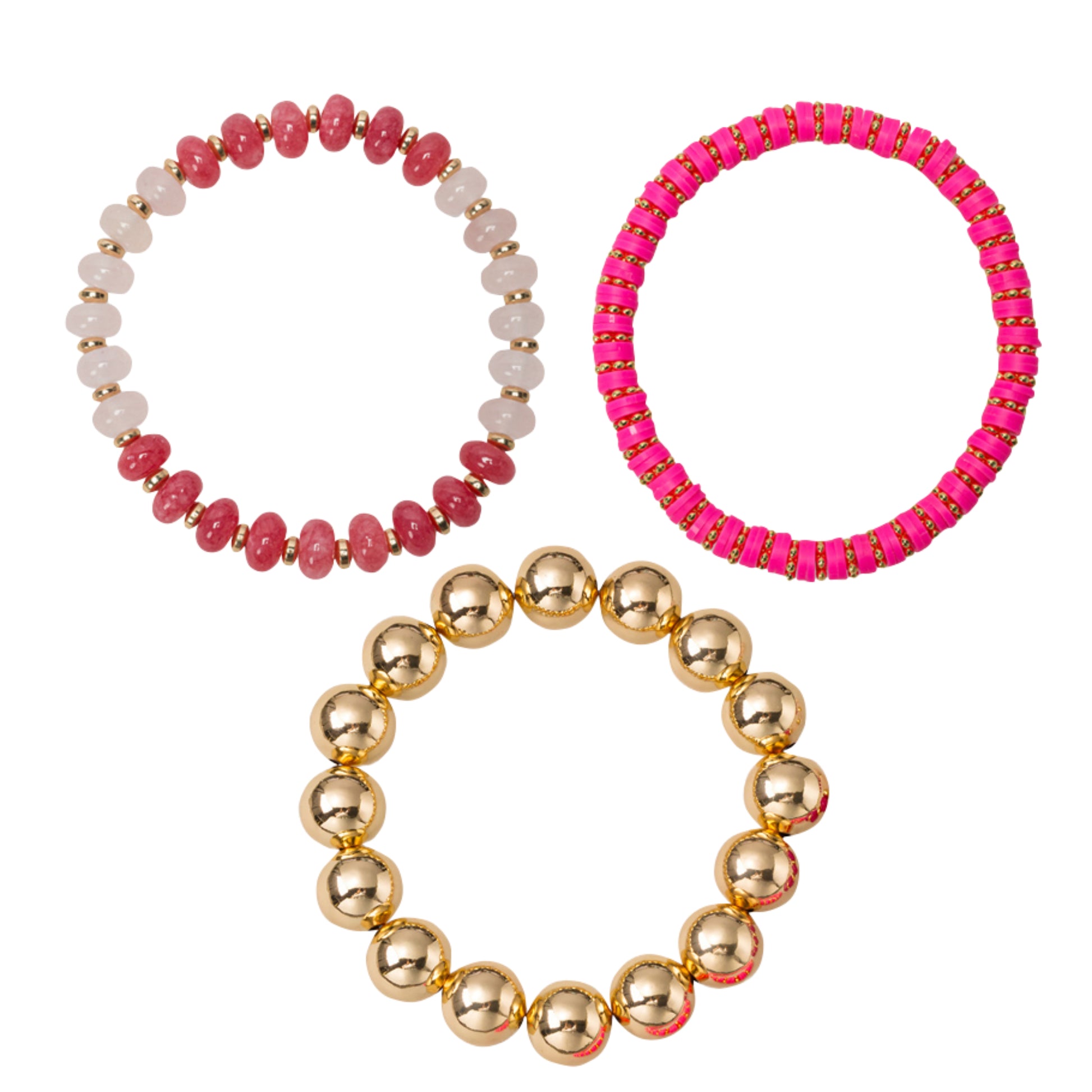 Set of 3, Gold Ball, Hot Pink Rubber Disk, Pink Faceted Gemstone Beaded Stretch Bracelet