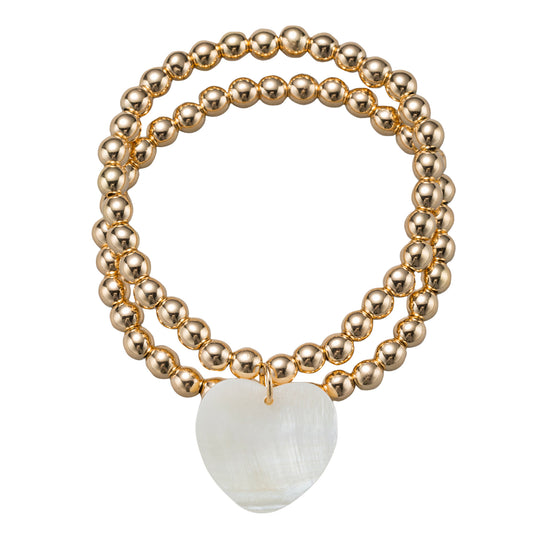 18k Gold Plated Set of 2 Beaded Stretch Bracelet with Shell Heart