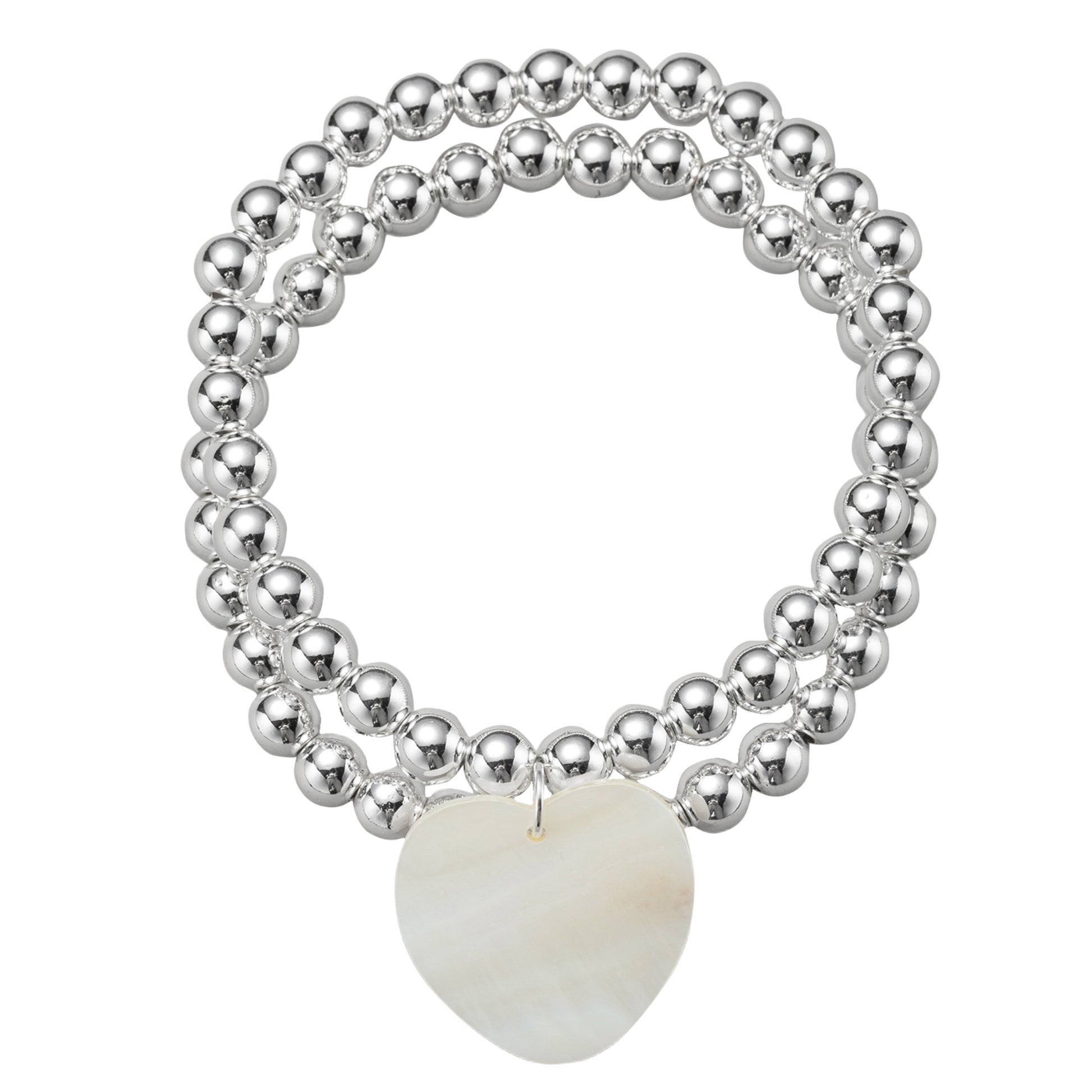 18k Gold Plated Silver Set of 2 Beaded Stretch Bracelet with Shell Heart