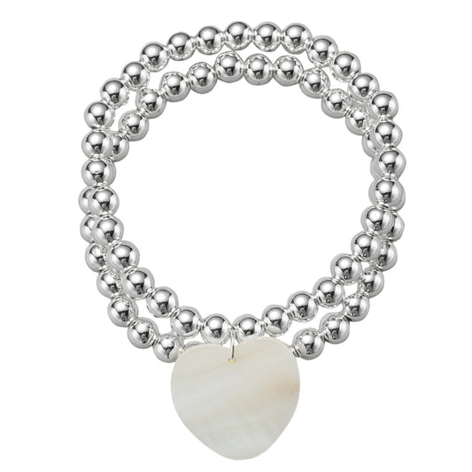 18k Gold Plated Silver Set of 2 Beaded Stretch Bracelet with Shell Heart