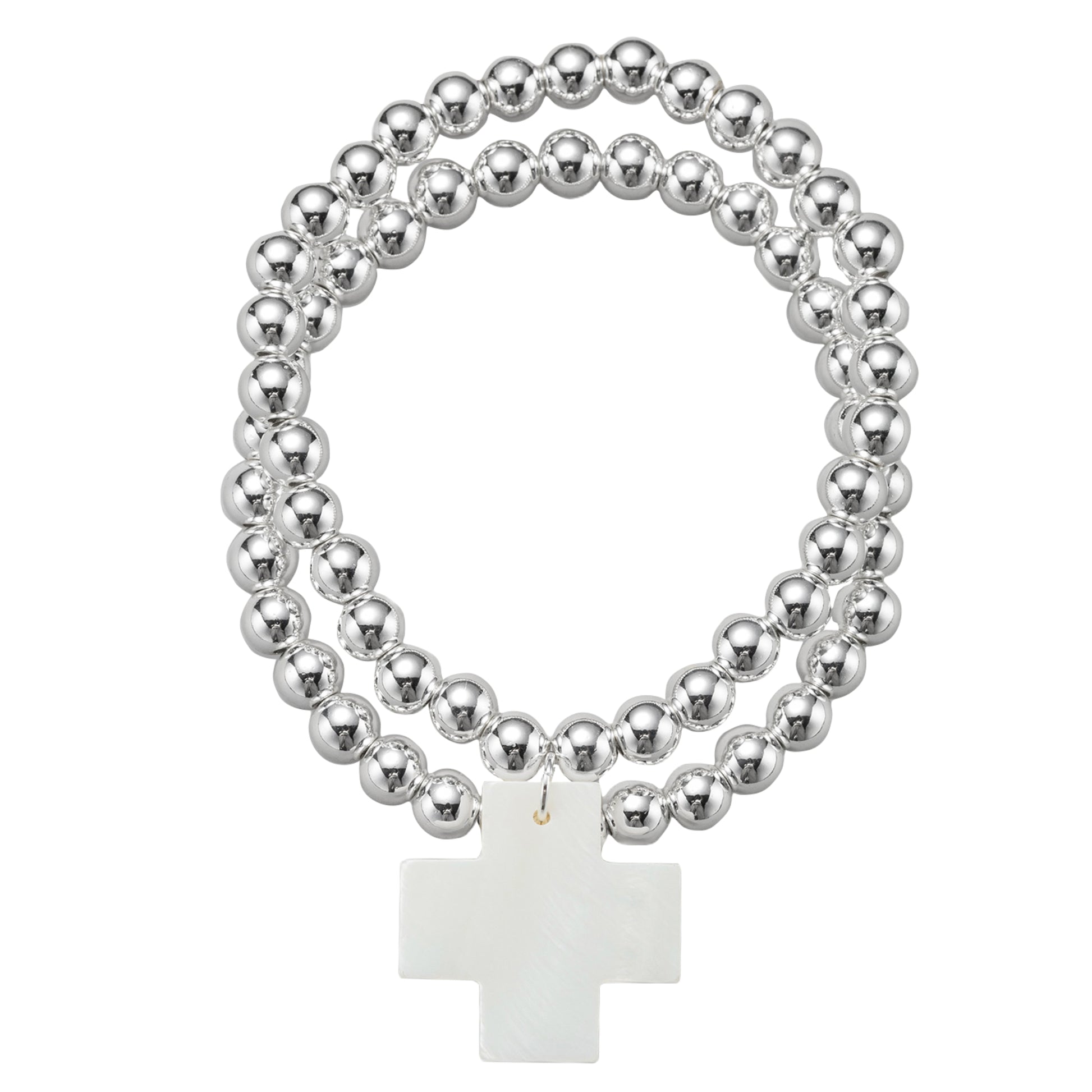 18k Gold Plated Silver Set of 2 Beaded Stretch Bracelet with Shell Cross