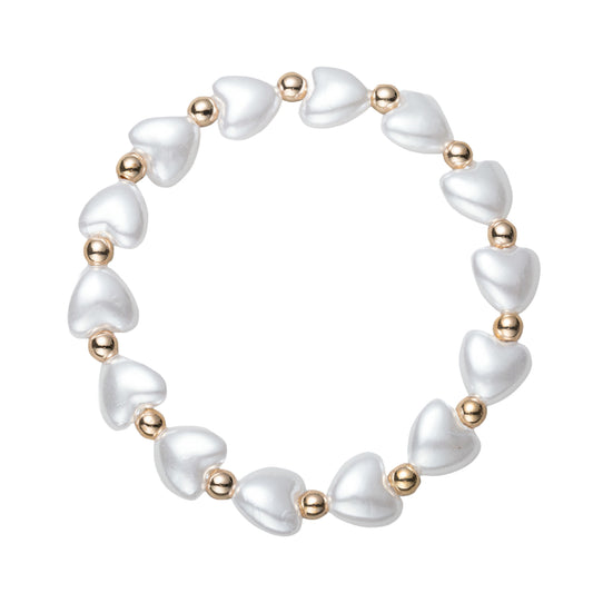 Gold, Pearl Heart Beaded Stretch Bracelet