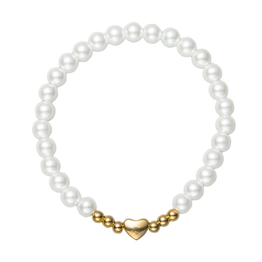 Gold, Pearl Beaded Stretch Bracelet with Gold Heart