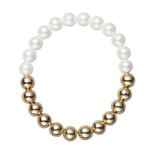 Gold, Pearl Half and Half Beaded Stretch Bracelet