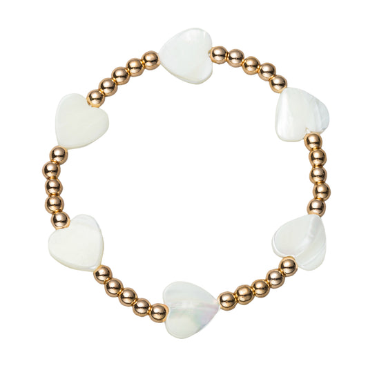 Gold Beaded Stretch Bracelet with Shell Hearts