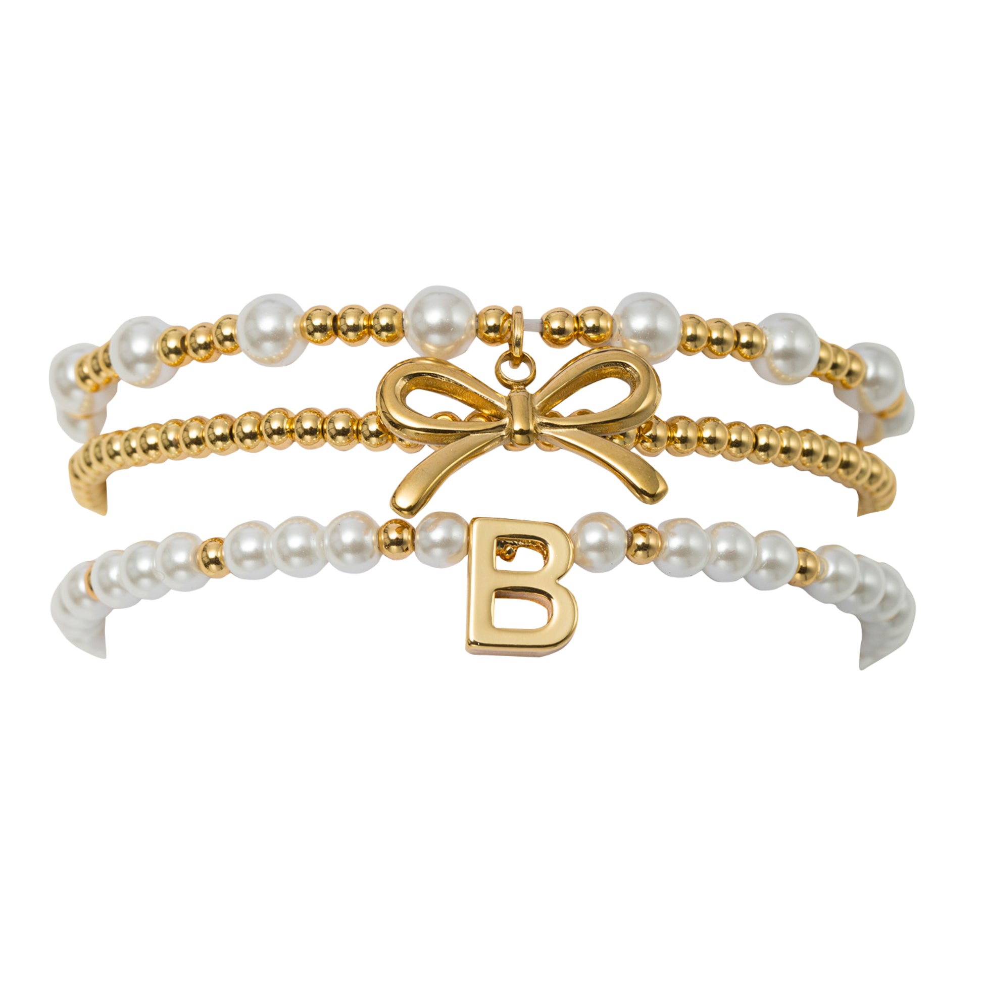 18K Gold Plated Set of 3 Gold, Pearl Beaded Stretch Bracelet with Gold Bow & Initial "B"