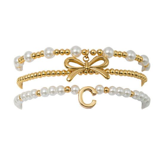 18K Gold Plated Set of 3 Gold, Pearl Beaded Stretch Bracelet with Gold Bow & Initial "C"
