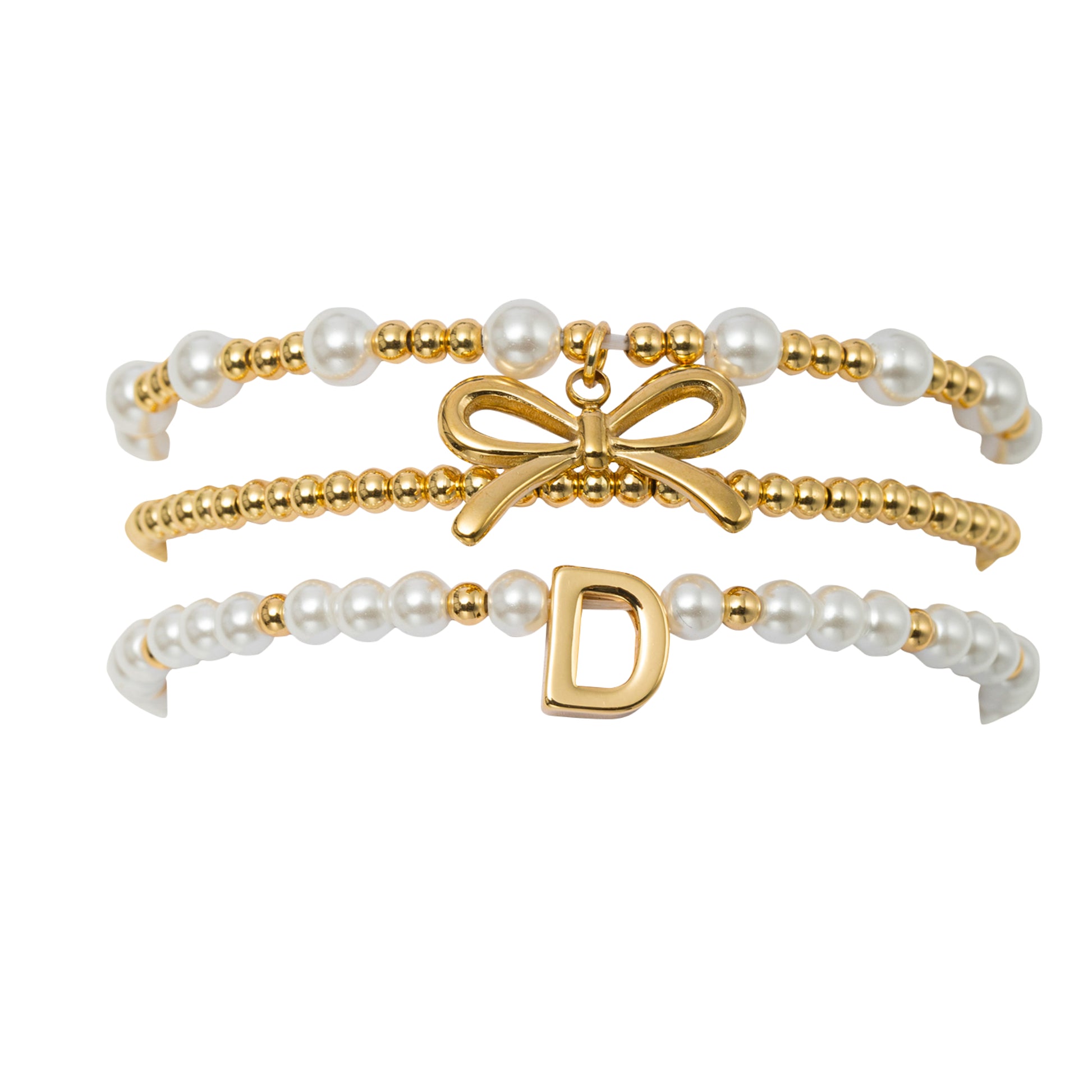 18K Gold Plated Set of 3 Gold, Pearl Beaded Stretch Bracelet with Gold Bow & Initial "D"