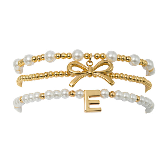 18K Gold Plated Set of 3 Gold, Pearl Beaded Stretch Bracelet with Gold Bow & Initial "E"