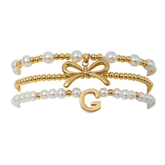 18K Gold Plated Set of 3 Gold, Pearl Beaded Stretch Bracelet with Gold Bow & Initial "G"