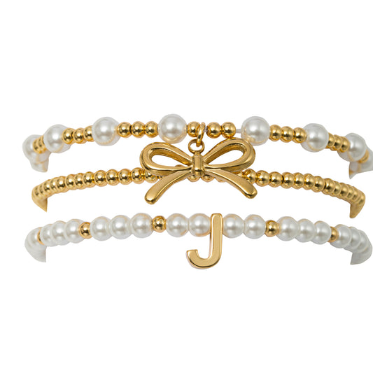 18K Gold Plated Set of 3 Gold, Pearl Beaded Stretch Bracelet with Gold Bow & Initial "J"