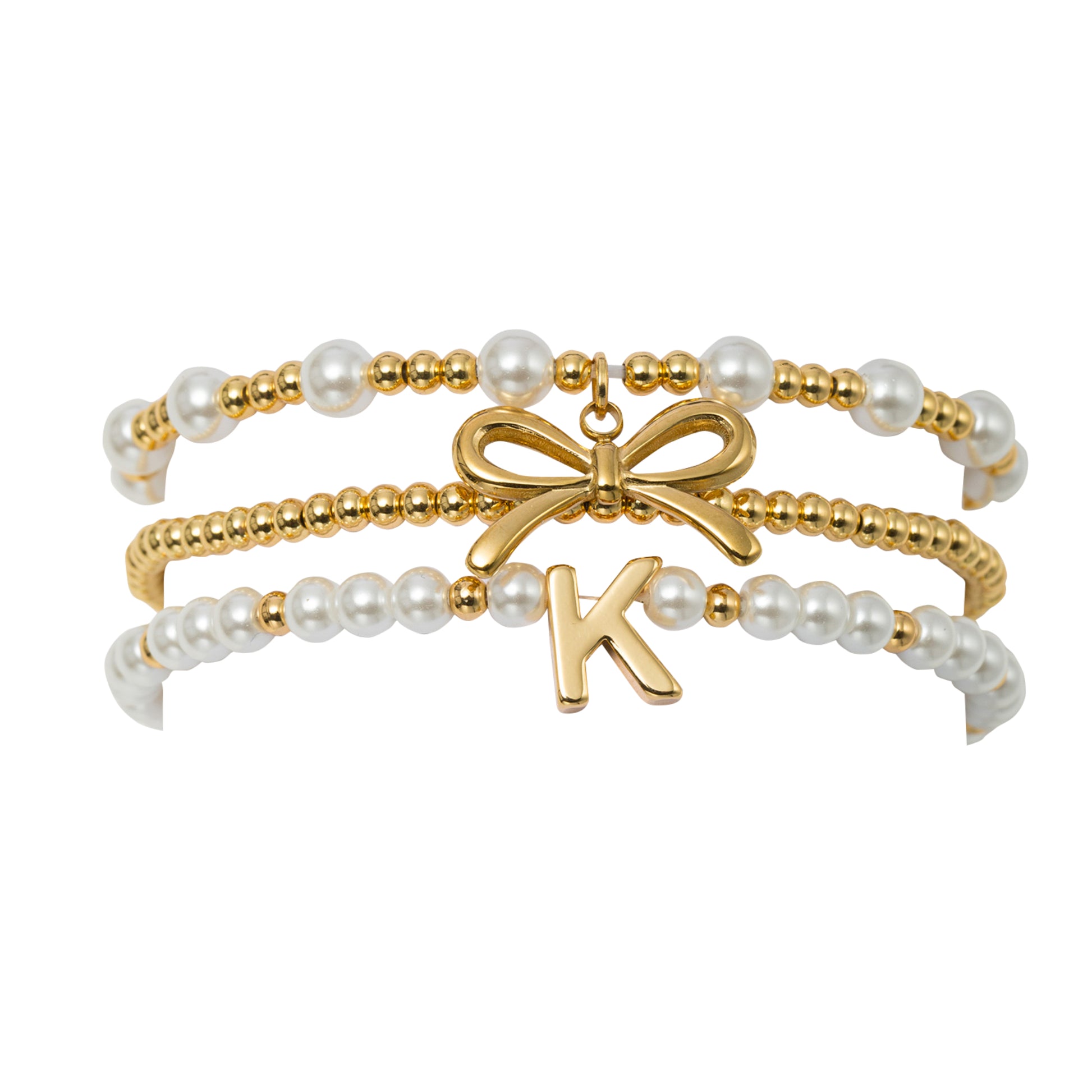 18K Gold Plated Set of 3 Gold, Pearl Beaded Stretch Bracelet with Gold Bow & Initial "K"