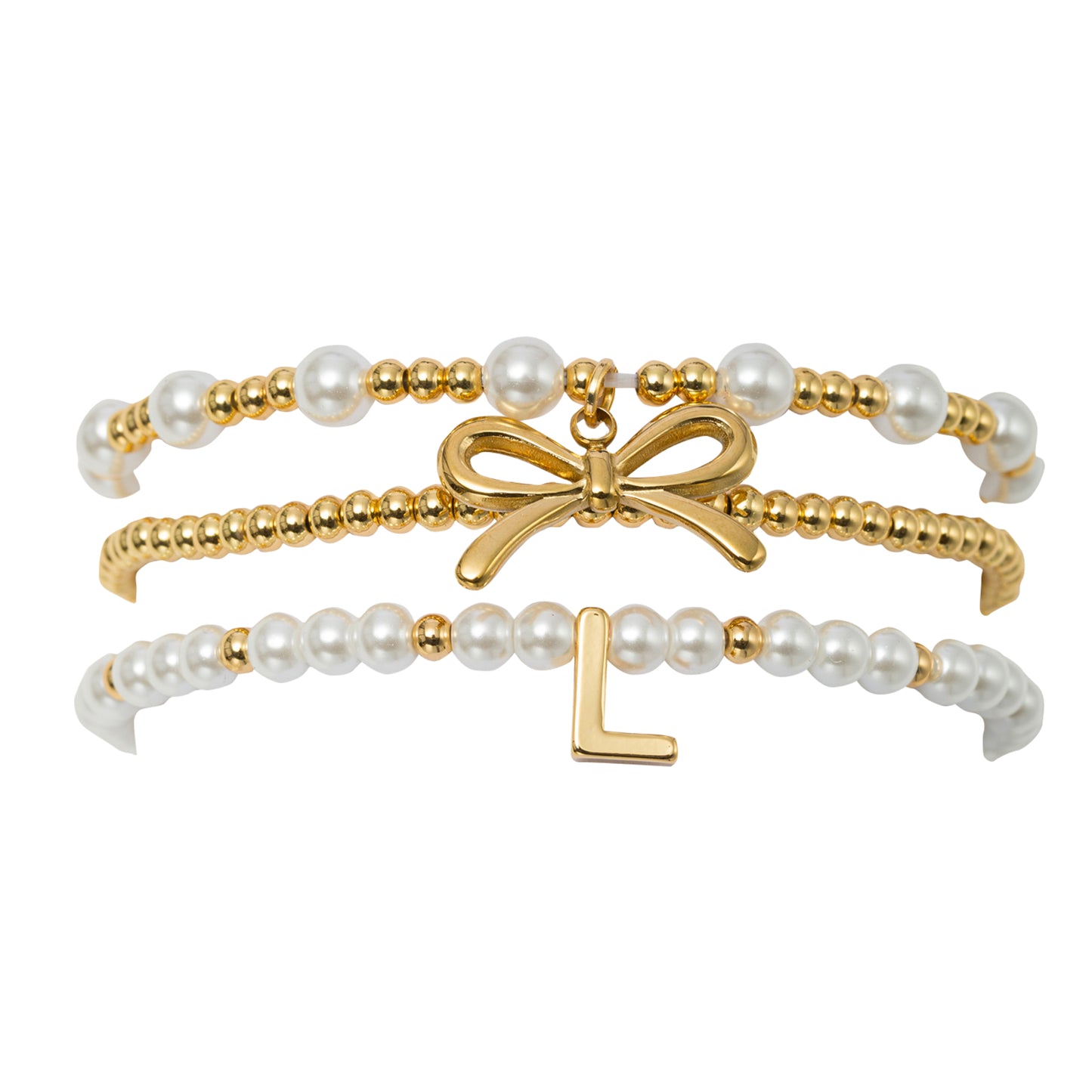 18K Gold Plated Set of 3 Gold, Pearl Beaded Stretch Bracelet with Gold Bow & Initial "L"