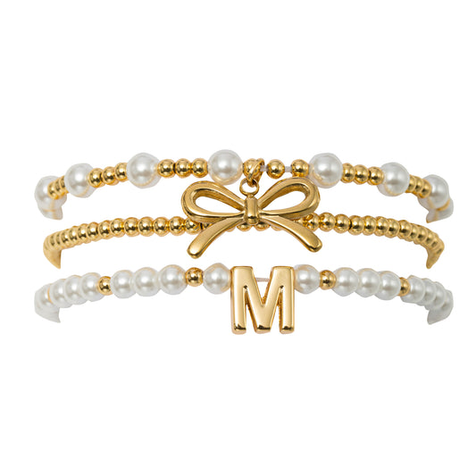 18K Gold Plated Set of 3 Gold, Pearl Beaded Stretch Bracelet with Gold Bow & Initial "M"