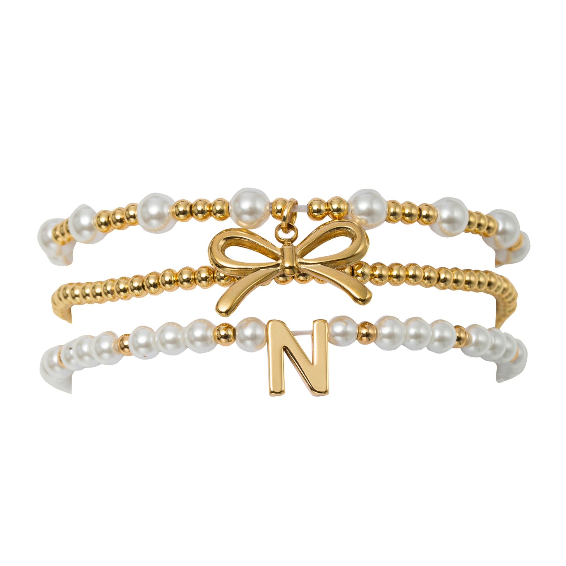 18K Gold Plated Set of 3 Gold, Pearl Beaded Stretch Bracelet with Gold Bow & Initial "N"