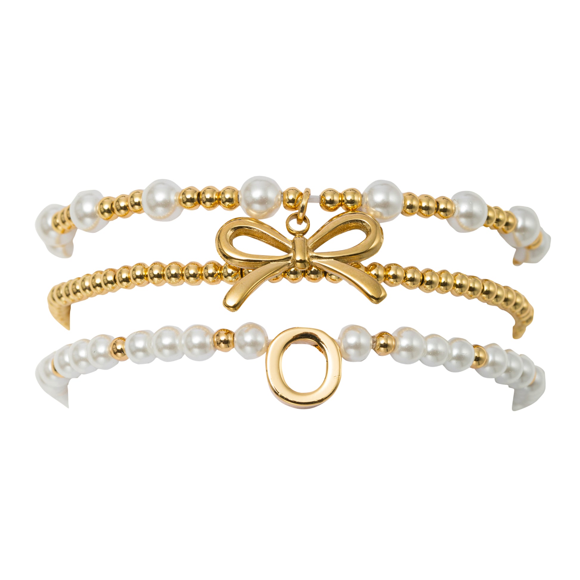 18K Gold Plated Set of 3 Gold, Pearl Beaded Stretch Bracelet with Gold Bow & Initial "O"