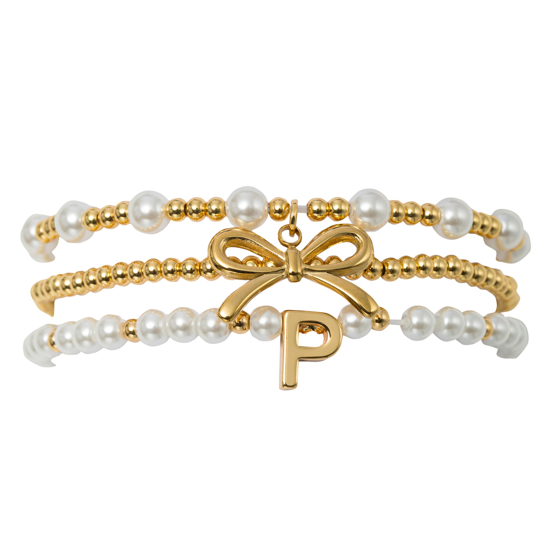 18K Gold Plated Set of 3 Gold, Pearl Beaded Stretch Bracelet with Gold Bow & Initial "P"
