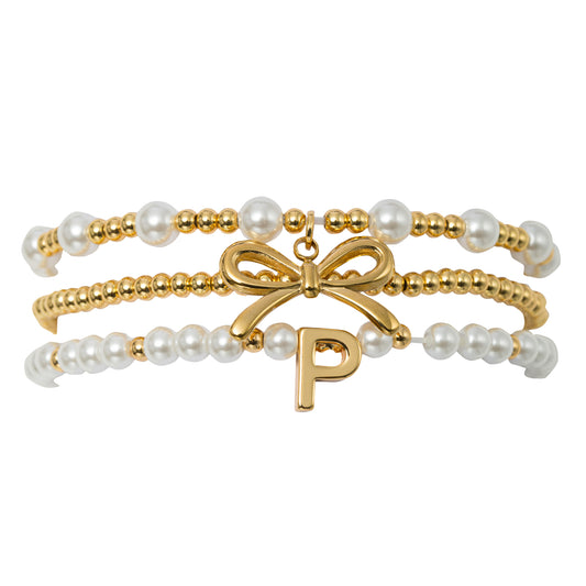 18K Gold Plated Set of 3 Gold, Pearl Beaded Stretch Bracelet with Gold Bow & Initial "P"