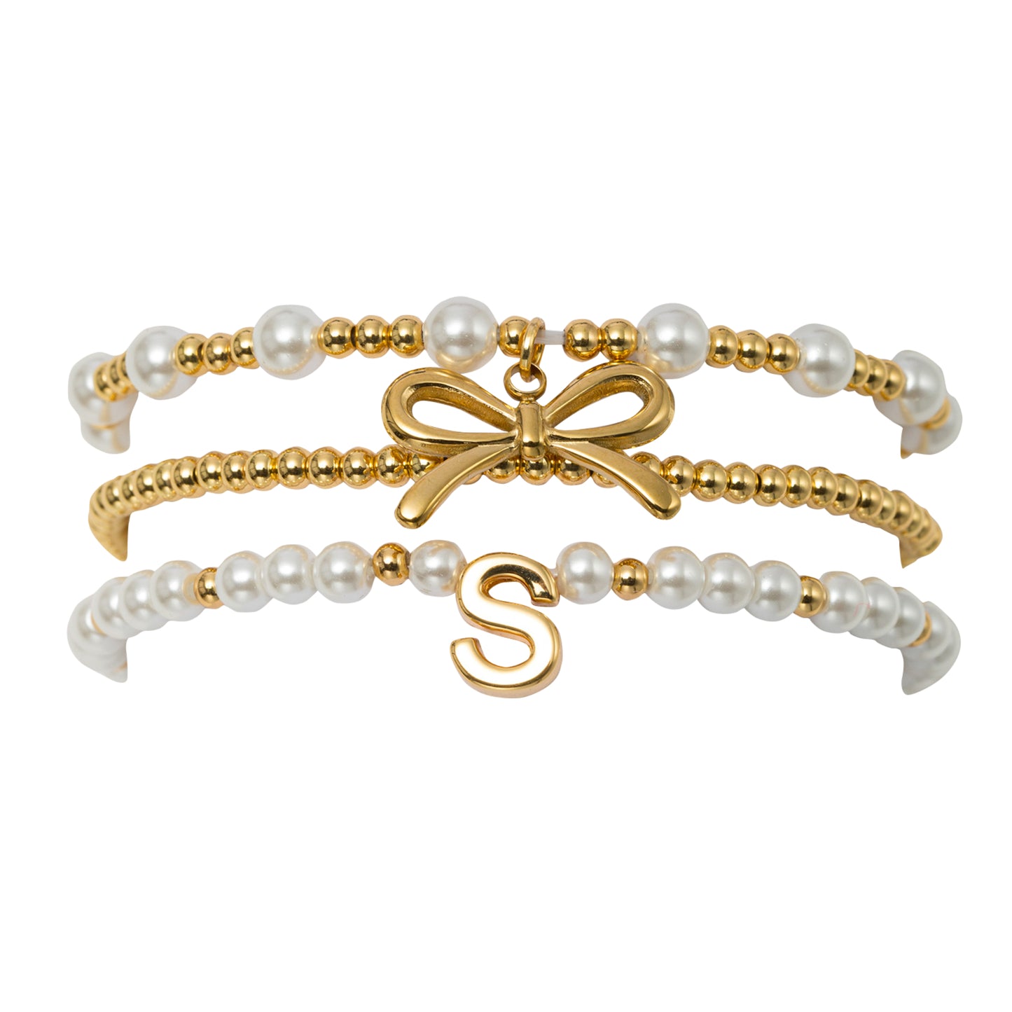 18K Gold Plated Set of 3 Gold, Pearl Beaded Stretch Bracelet with Gold Bow & Initial "S"