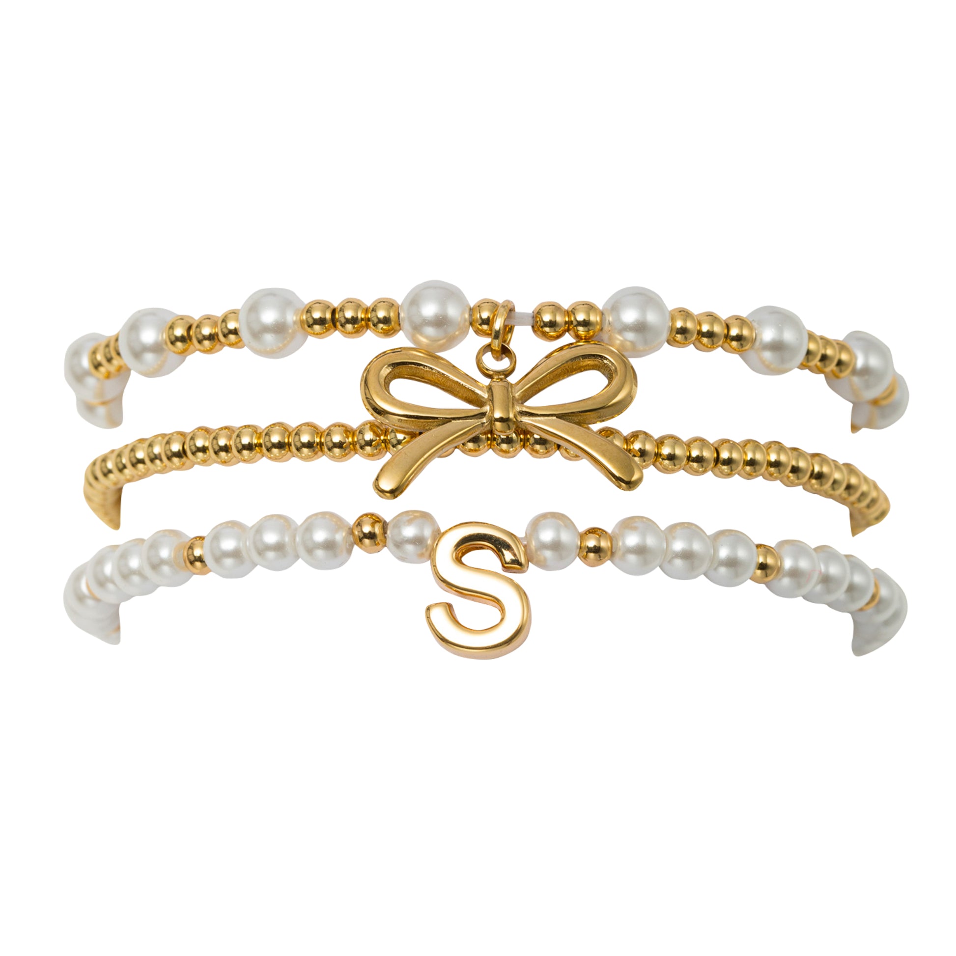 18K Gold Plated Set of 3 Gold, Pearl Beaded Stretch Bracelet with Gold Bow & Initial "S"