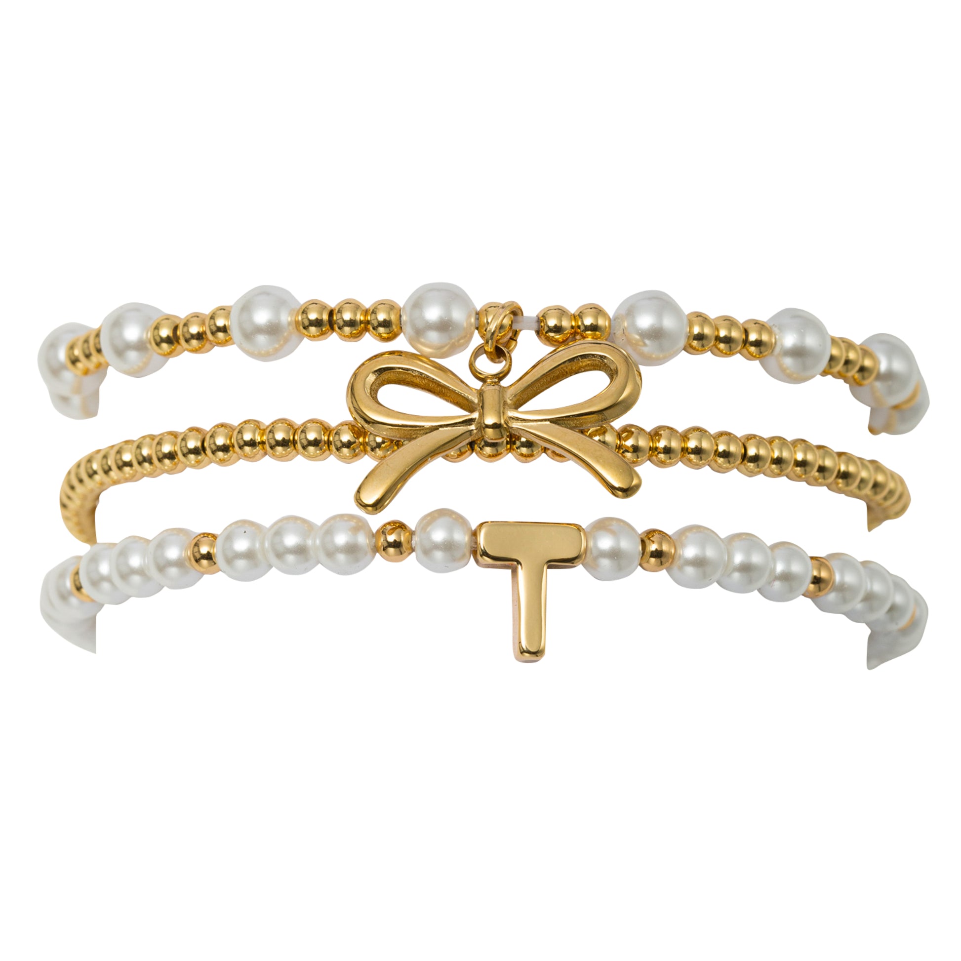 18K Gold Plated Set of 3 Gold, Pearl Beaded Stretch Bracelet with Gold Bow & Initial "T"
