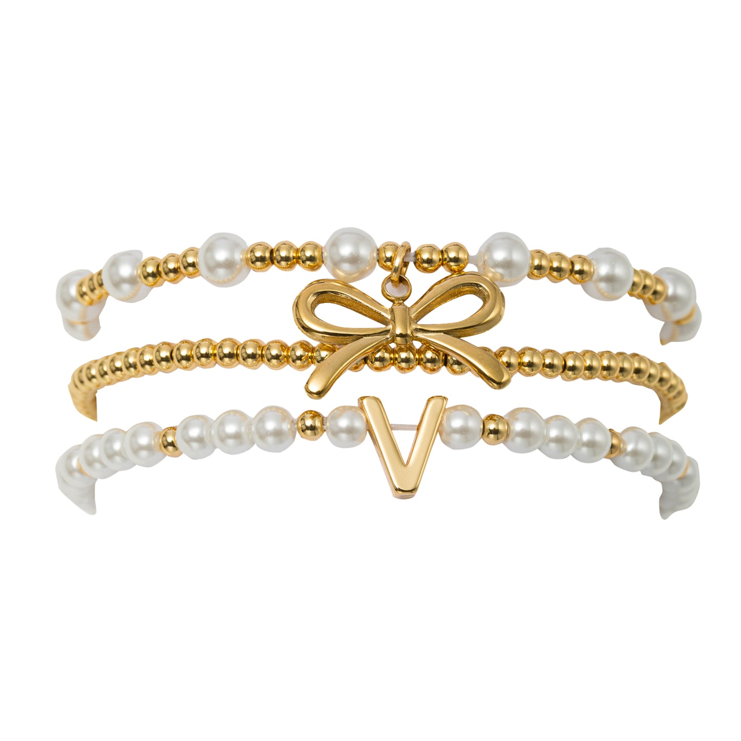 18K Gold Plated Set of 3 Gold, Pearl Beaded Stretch Bracelet with Gold Bow & Initial "V"