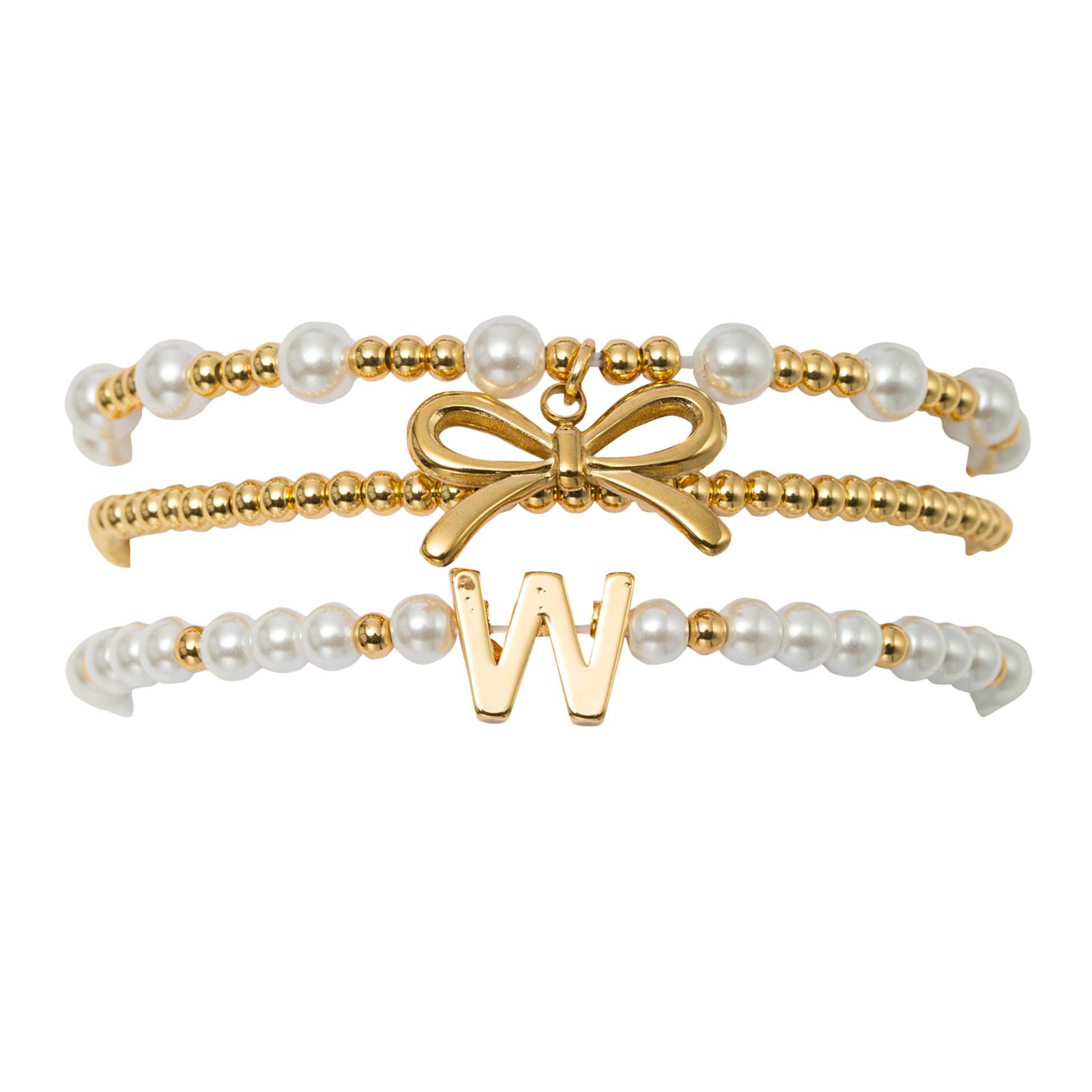18K Gold Plated Set of 3 Gold, Pearl Beaded Stretch Bracelet with Gold Bow & Initial "W"