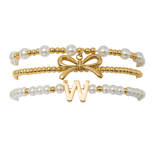 18K Gold Plated Set of 3 Gold, Pearl Beaded Stretch Bracelet with Gold Bow & Initial "W"