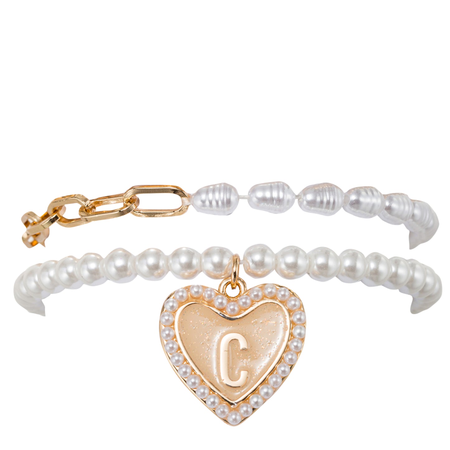 Kids Stretch Bracelet Set of 2, with Pearl Edged, Heart with One Side Gold Bow, One Side "C"
