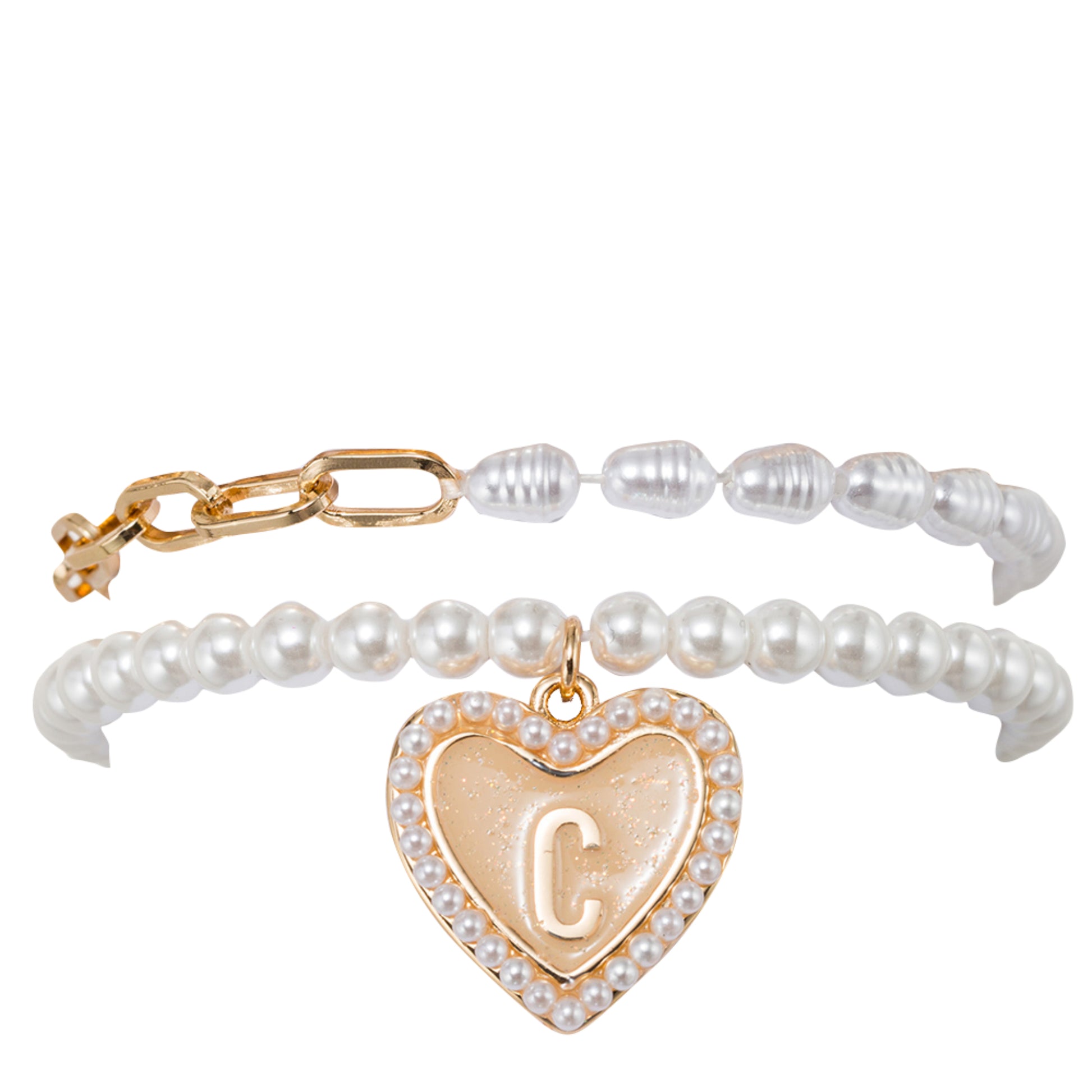 Kids Stretch Bracelet Set of 2, with Pearl Edged, Heart with One Side Gold Bow, One Side "C"