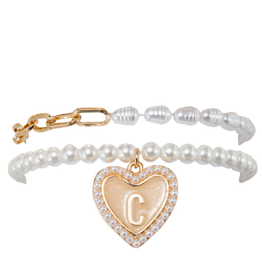Kids Stretch Bracelet Set of 2, with Pearl Edged, Heart with One Side Gold Bow, One Side "C"