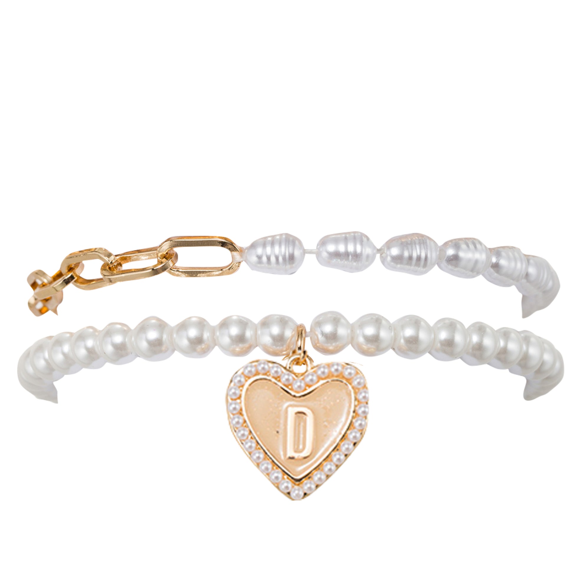 Kids Stretch Bracelet Set of 2, with Pearl Edged, Heart with One Side Gold Bow, One Side "D"