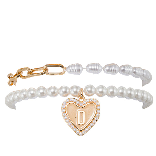 Kids Stretch Bracelet Set of 2, with Pearl Edged, Heart with One Side Gold Bow, One Side "D"