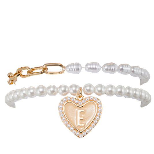 Kids Stretch Bracelet Set of 2, with Pearl Edged, Heart with One Side Gold Bow, One Side "E"