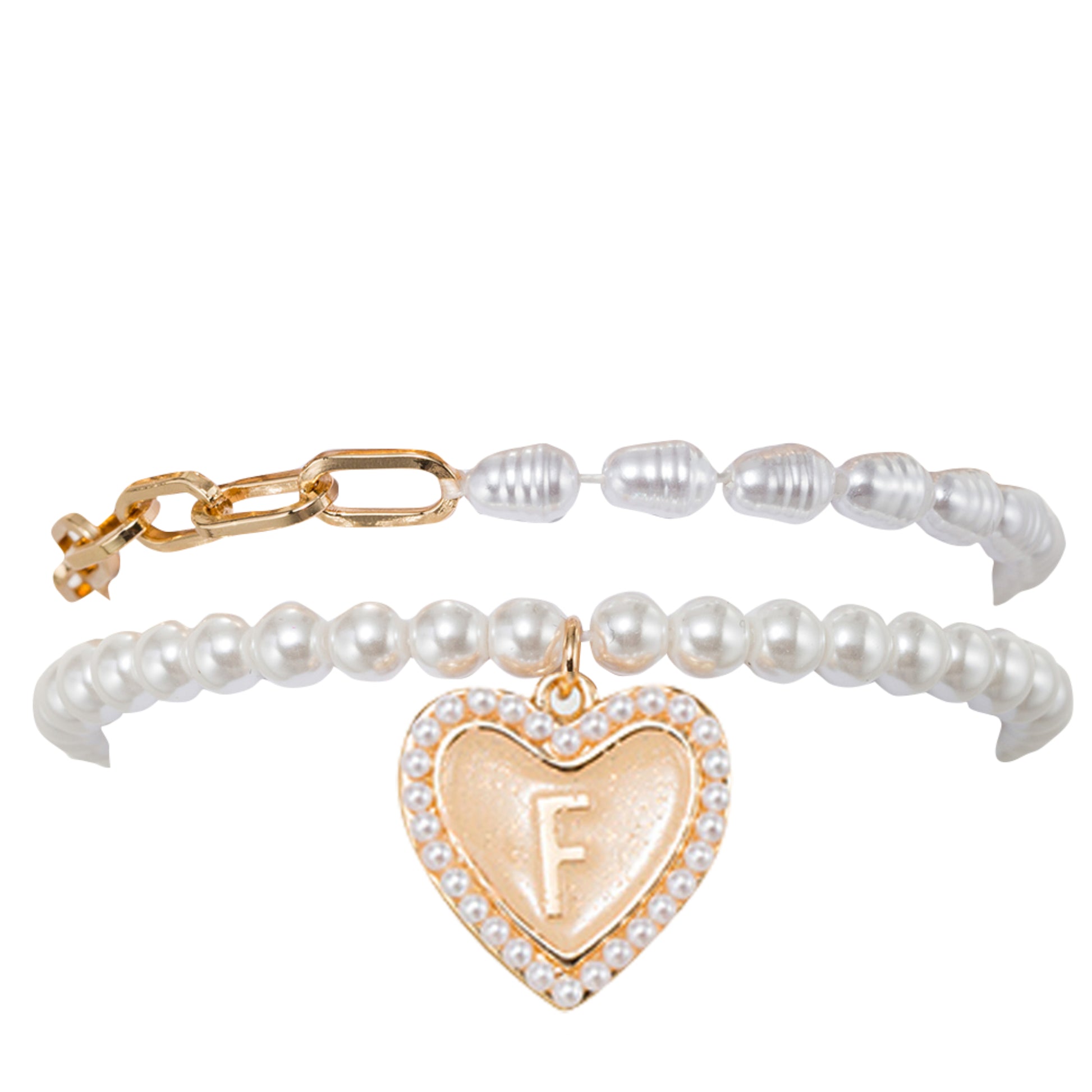 Kids Stretch Bracelet Set of 2, with Pearl Edged, Heart with One Side Gold Bow, One Side "F"
