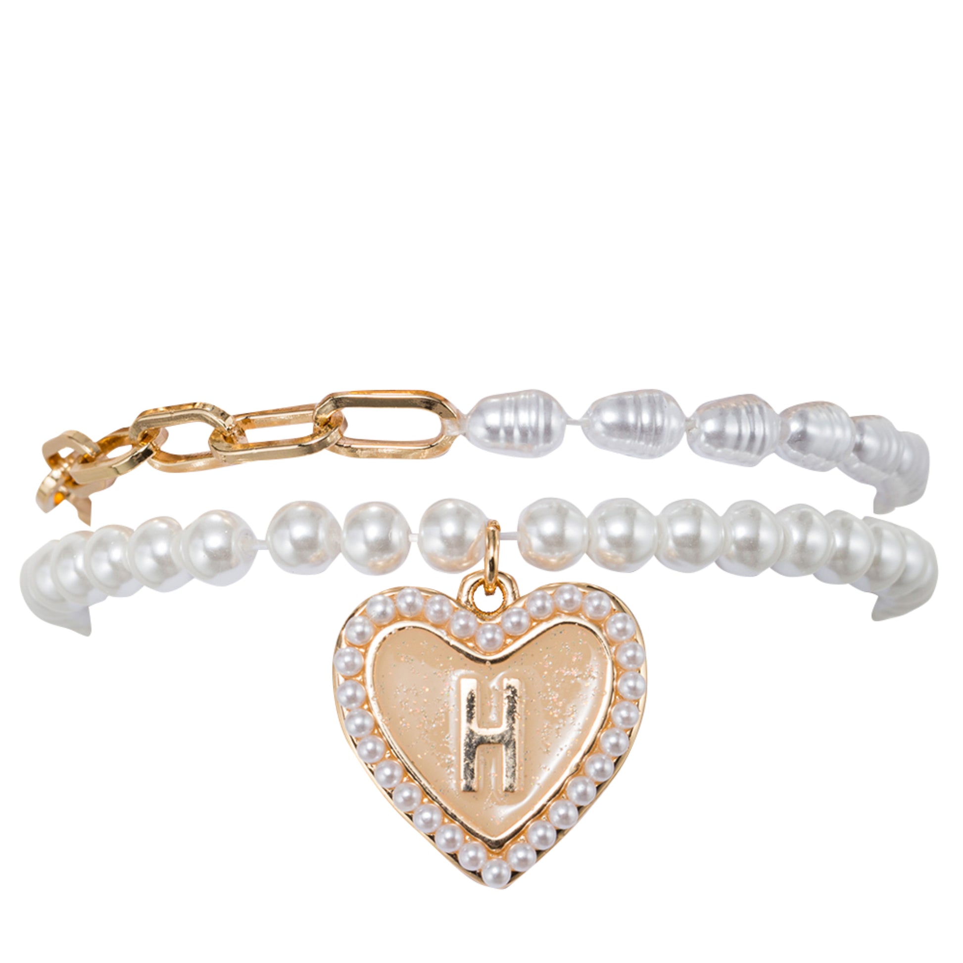 Kids Stretch Bracelet Set of 2, with Pearl Edged, Heart with One Side Gold Bow, One Side "H"