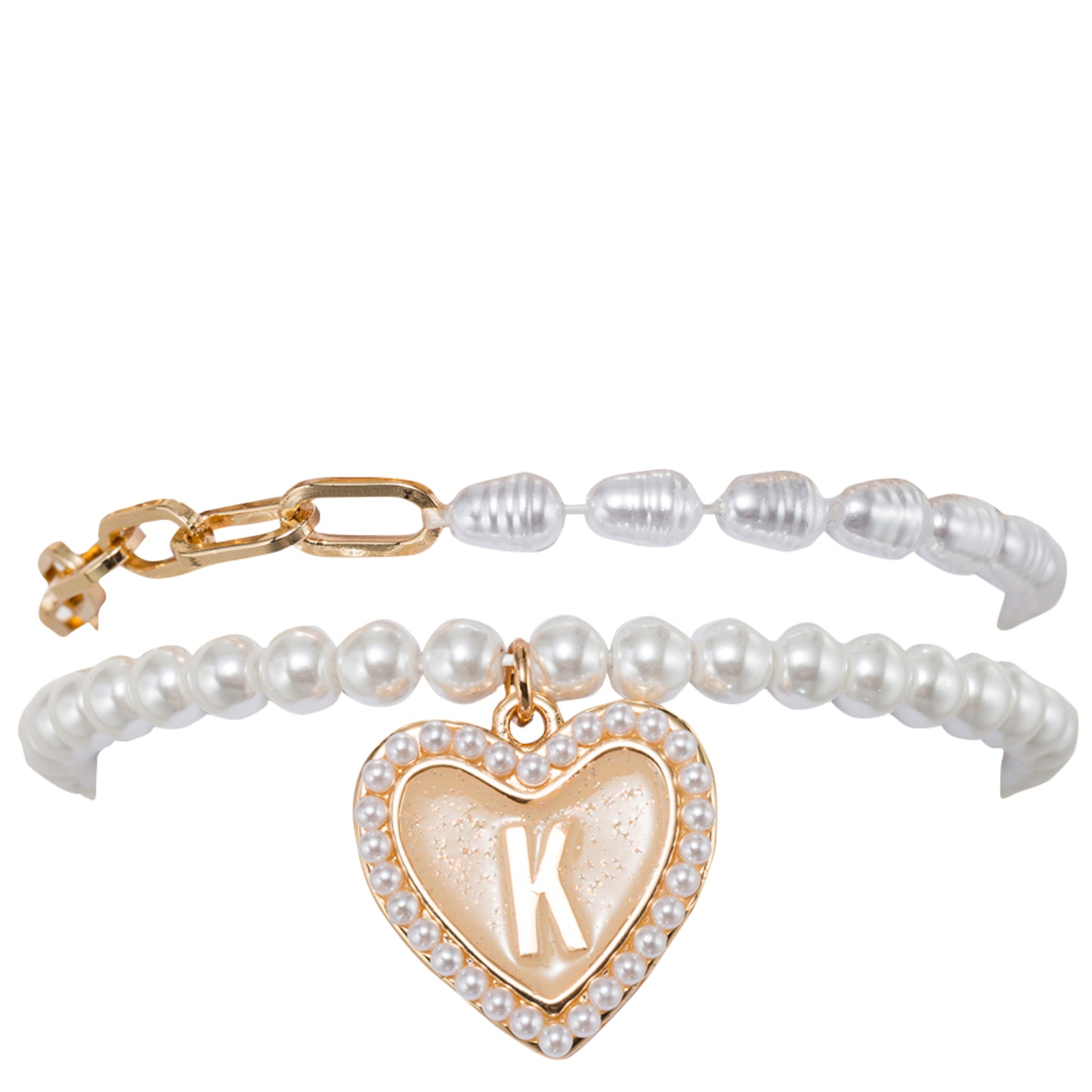 Kids Stretch Bracelet Set of 2, with Pearl Edged, Heart with One Side Gold Bow, One Side "K"